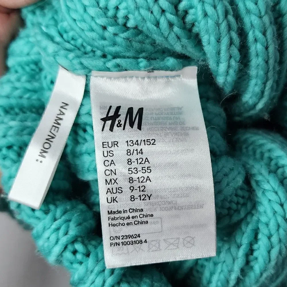 H&M Womens Beanie Toboggan Solid Mint Green One Size Pom Pom On Top
